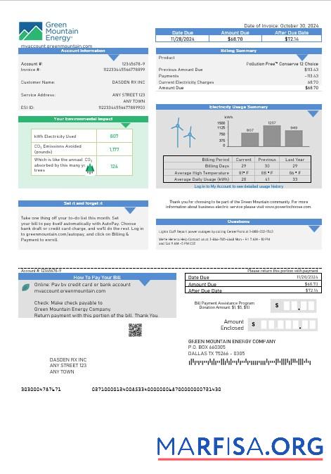 Realistic USA Green Mountain Energy business utility bill template in Word and PDF formats